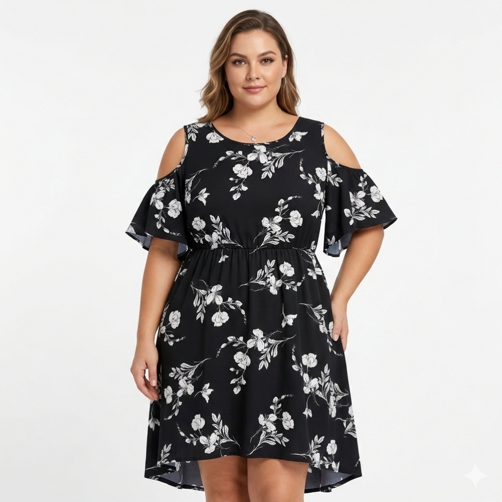 Emery Rose Floral Cold Shoulder‎ Dress Feminine Cottagecore Romantic